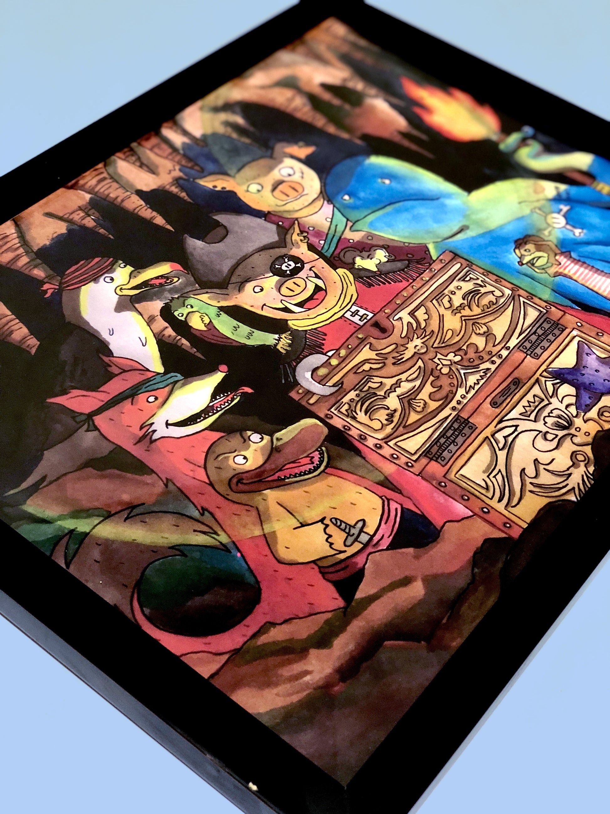 ilustración piratas, dibujo aventuras de animales, tesoro, cofre, caricarturas, dibujos, personajes