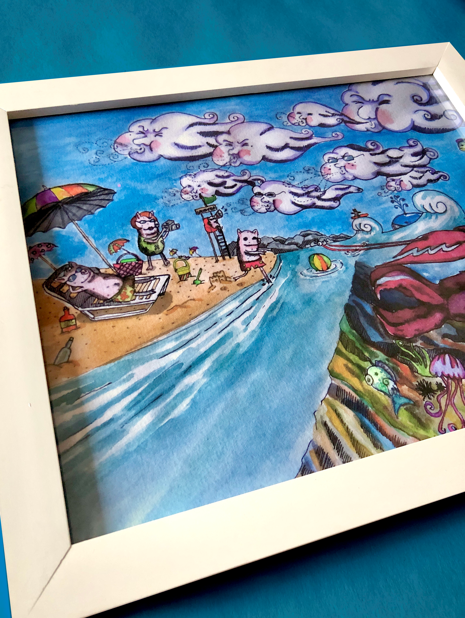ilustración de Chanchitos en el mar, langosta, aventuras animales, dibujo océano, ilustradora chilena