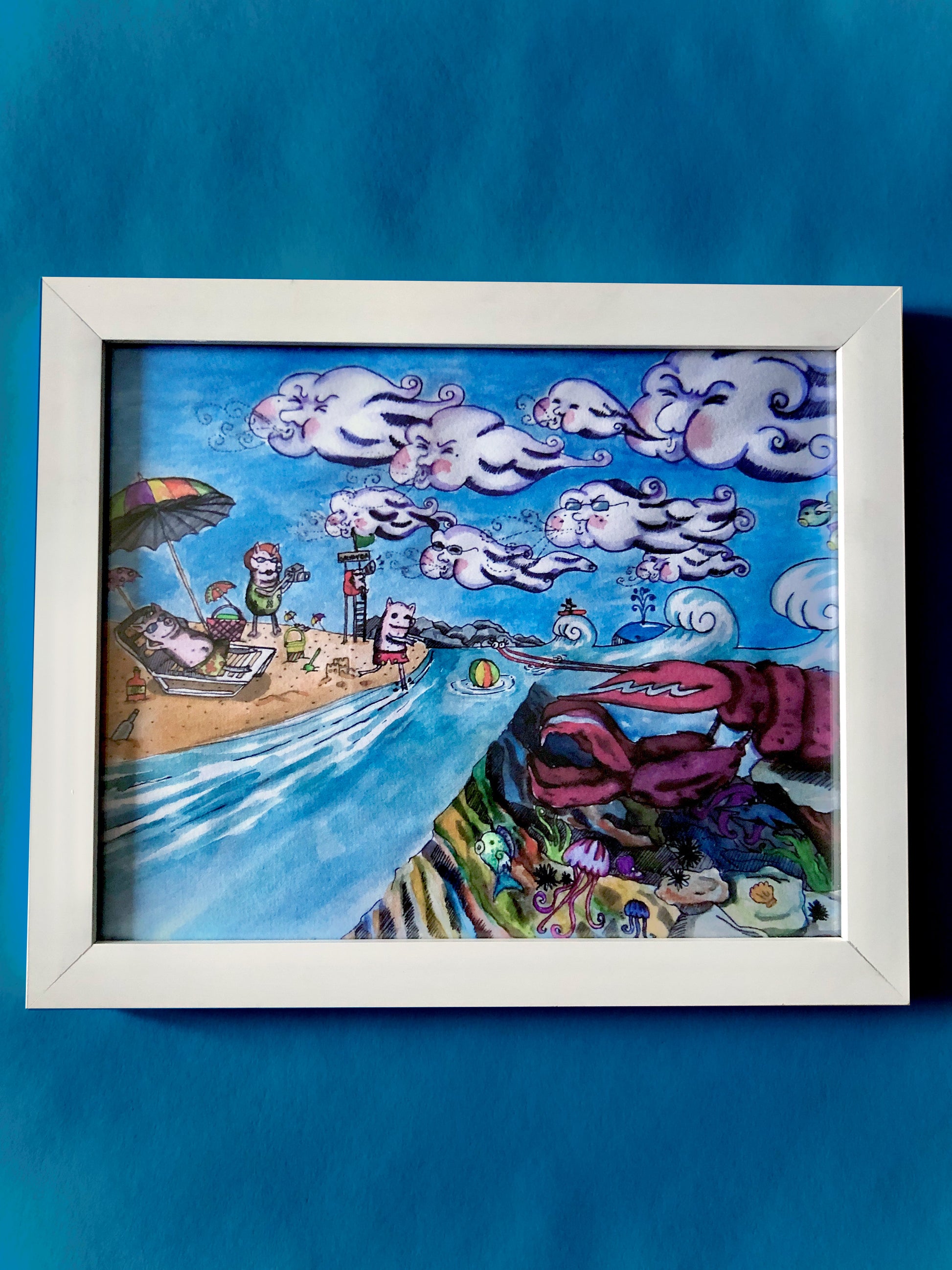 ilustración de Chanchitos en el mar, langosta, aventuras animales, dibujo océano, ilustradora chilena