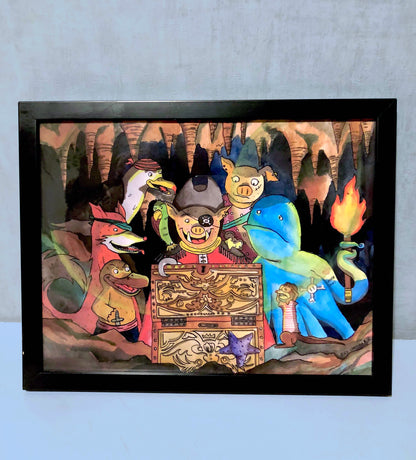 ilustración piratas, dibujo aventuras de animales, tesoro, cofre, caricarturas, dibujos, personajes