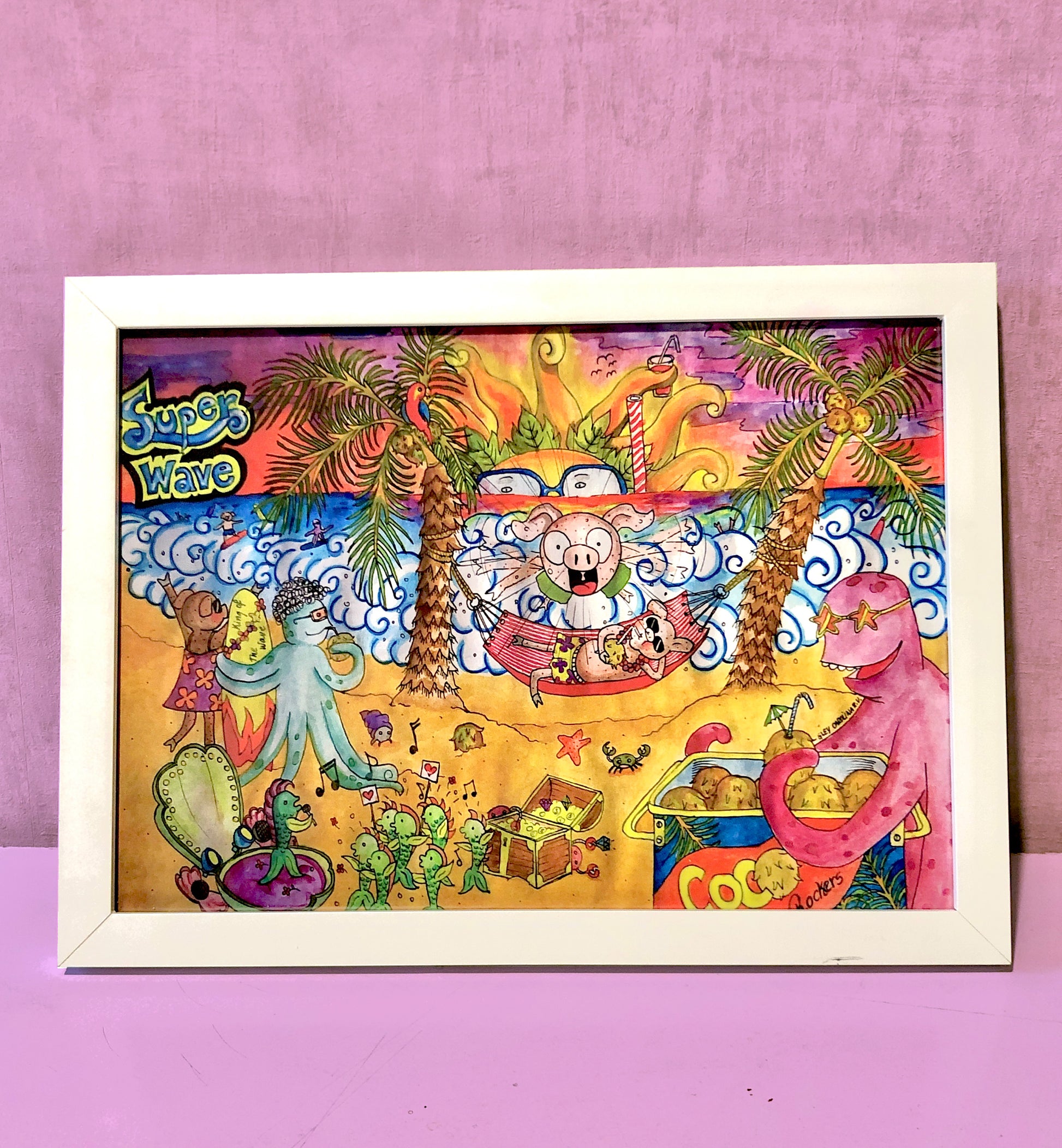 ilustración playa, dibujo aventuras, surf, pulpo, chanchitos, dibujo mar caribe, dibujos, personajes animales